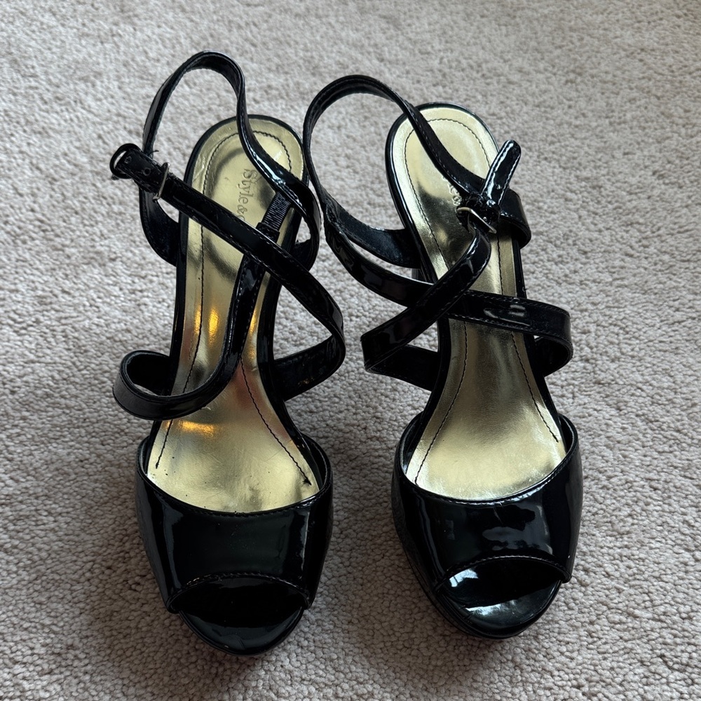Black Patent Leather Strappy Slingback Heels